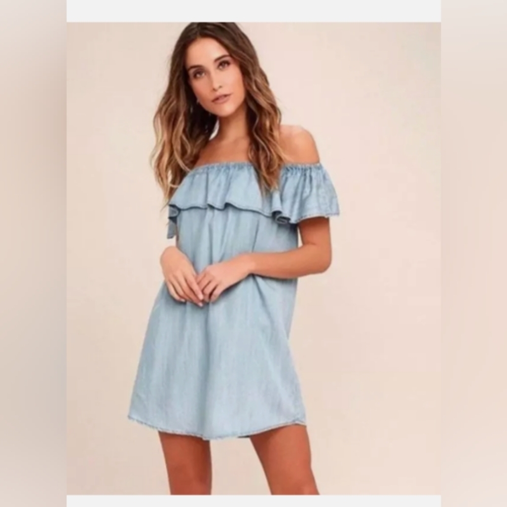Lulus Standout Chambray Off Shoulder Ruffle Mini Dress Blue Lyocell Medium